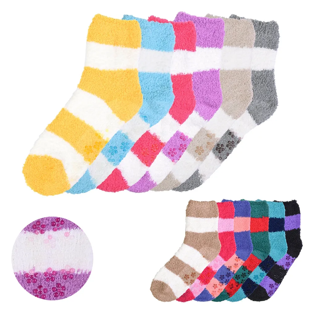3 Pairs Soft Cozy Fuzzy Socks Warm Non Skid Striped Women Girl Home Slipper 9-11