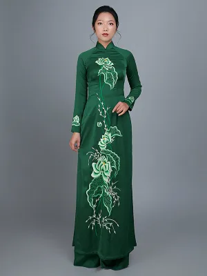 Ao Dai Dress Vietnamese Traditional Long Dress High Quality Green Colored Fabric