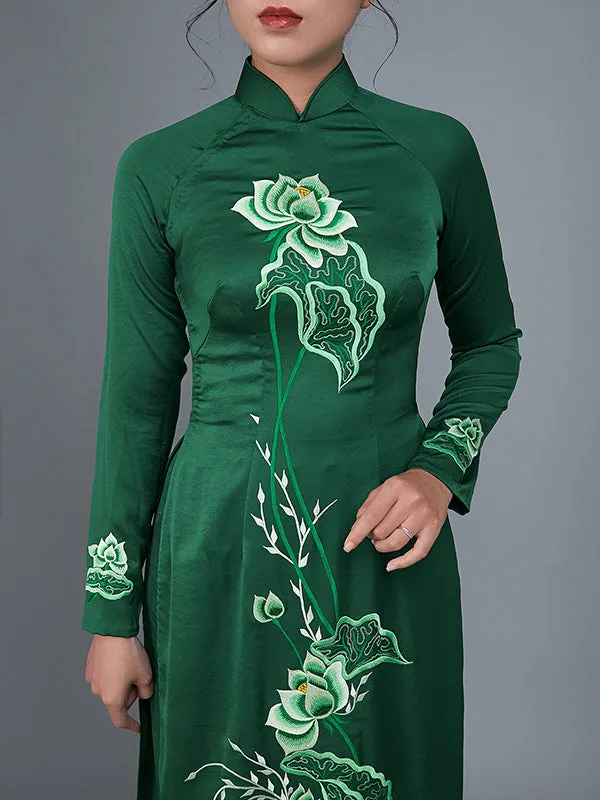 Ao Dai Dress Vietnamese Traditional Long Dress High Quality Green Colored Fabric