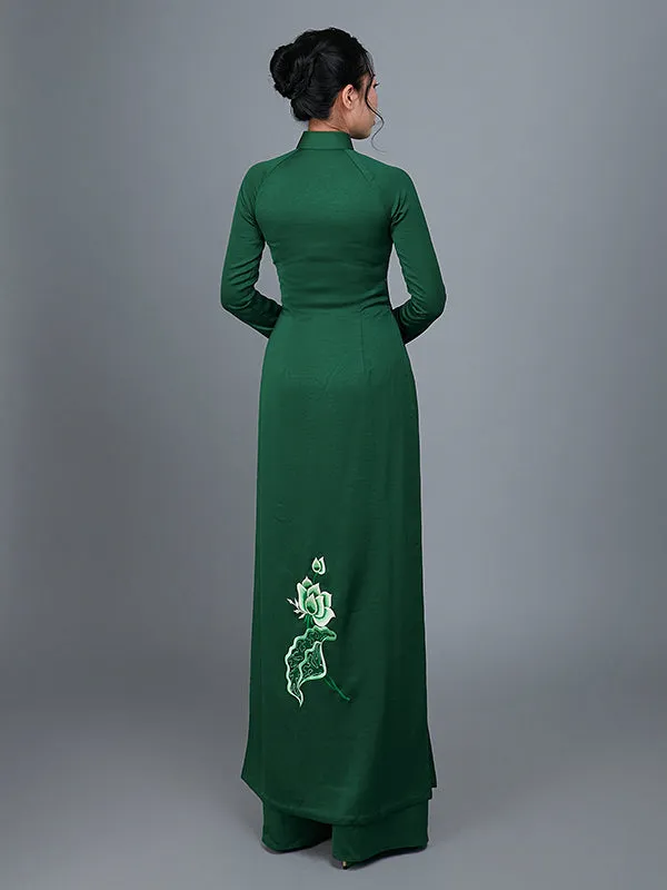 Ao Dai Dress Vietnamese Traditional Long Dress High Quality Green Colored Fabric