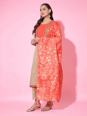 Beige Designer Readymade Pant Suit With Printed Embroidery Work