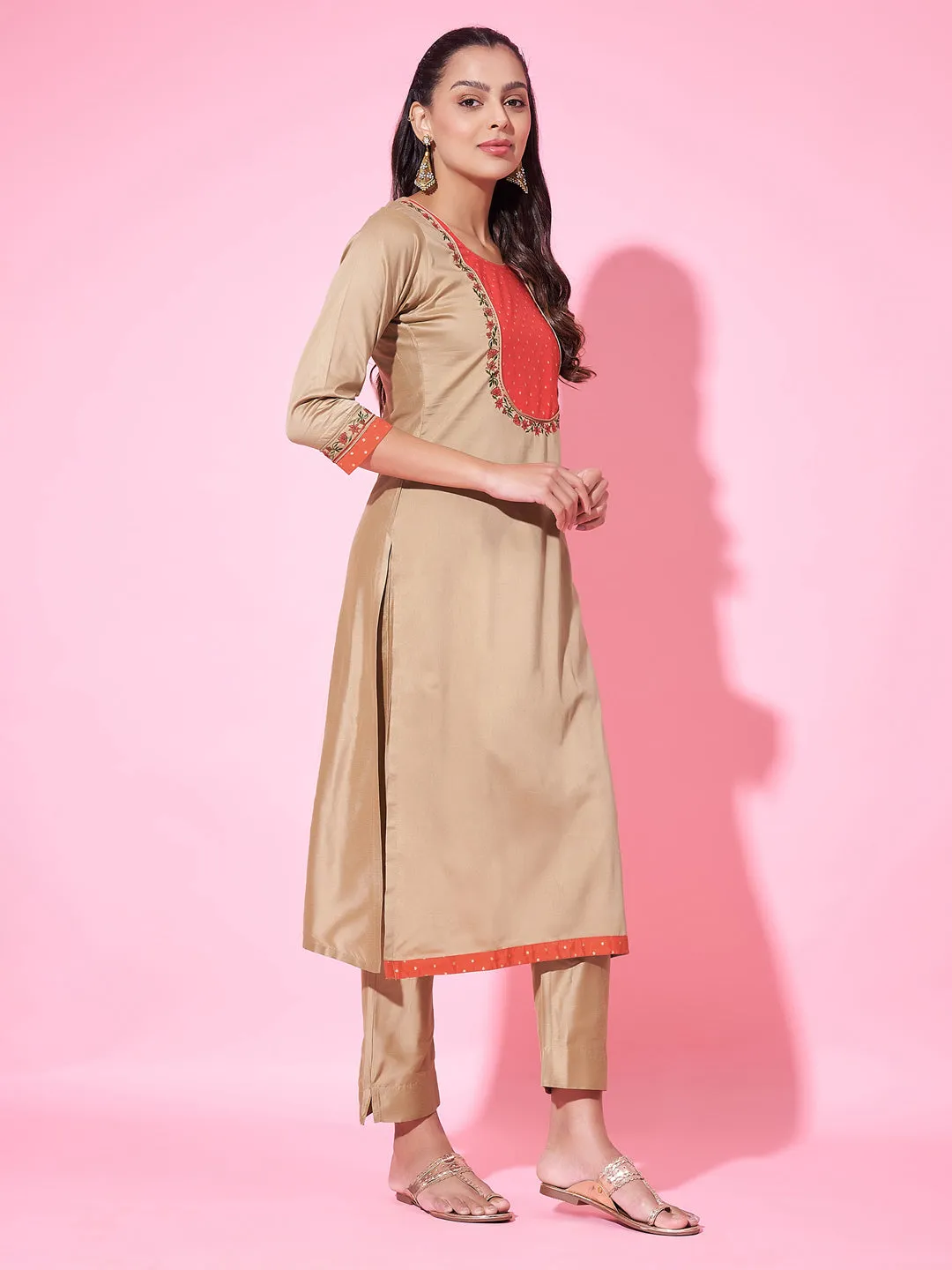 Beige Designer Readymade Pant Suit With Printed Embroidery Work