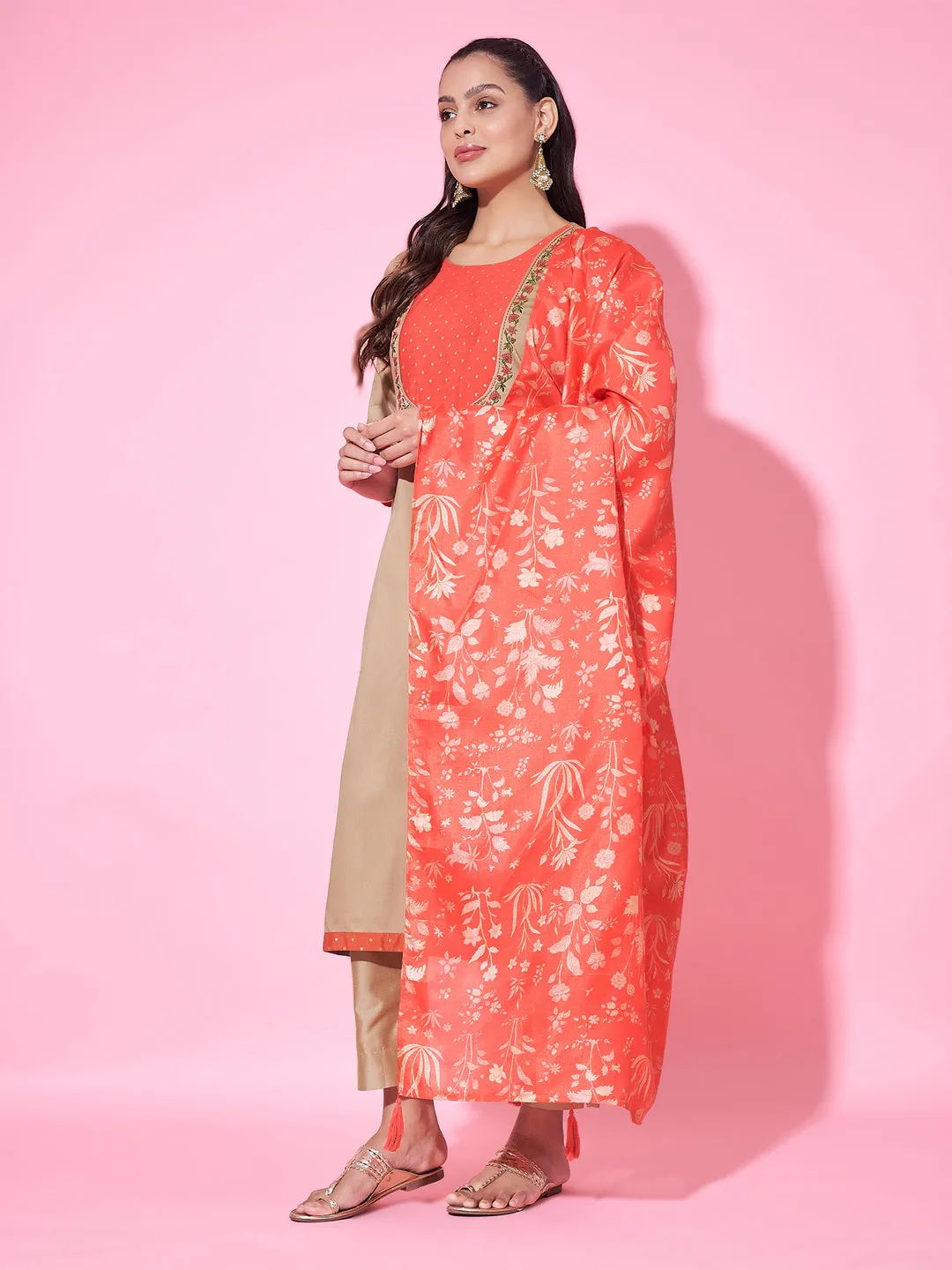Beige Designer Readymade Pant Suit With Printed Embroidery Work