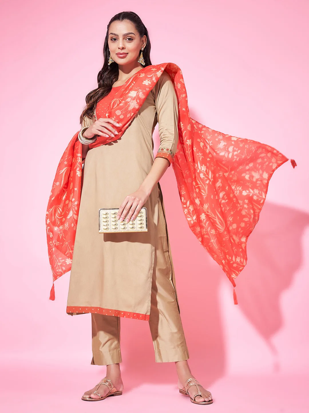 Beige Designer Readymade Pant Suit With Printed Embroidery Work