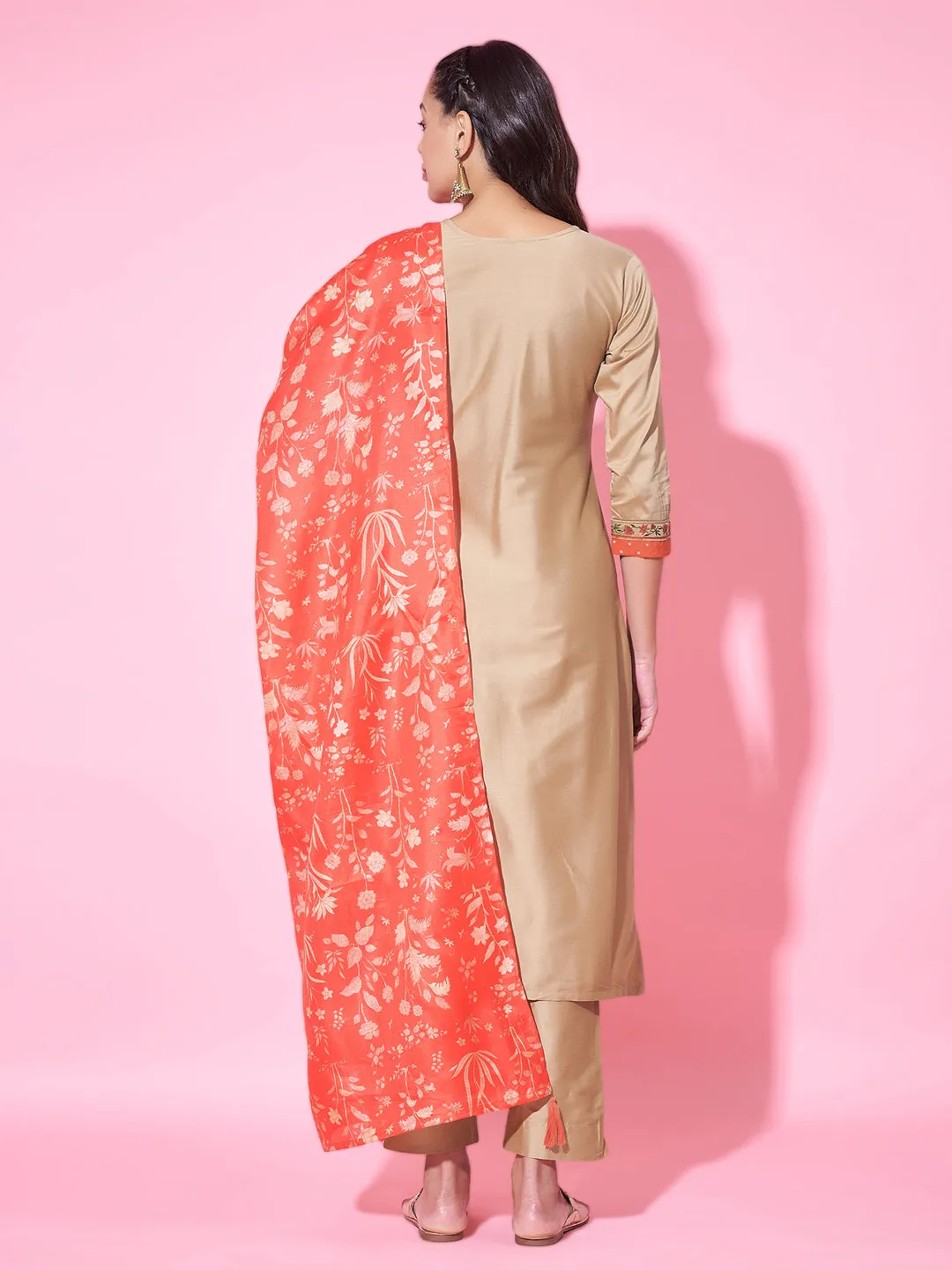 Beige Designer Readymade Pant Suit With Printed Embroidery Work