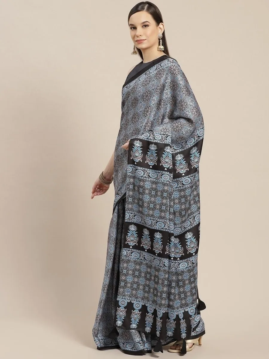 Black and Blue Digital Print Saree