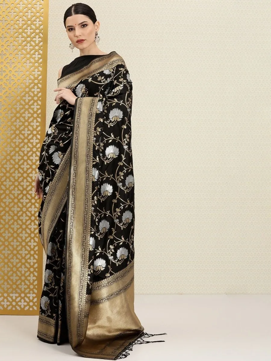 Black Silver and Golden Floral Etnic Motifs Zari Woven Saree