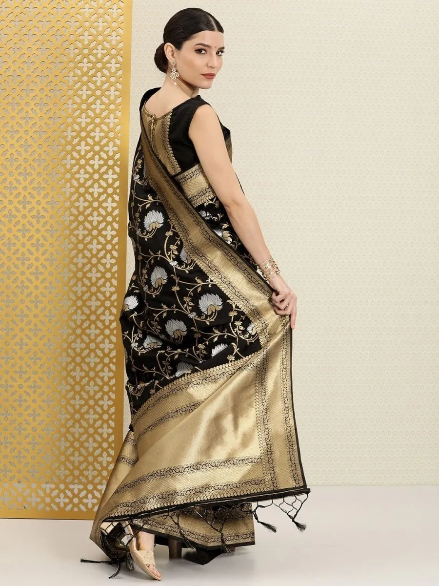Black Silver and Golden Floral Etnic Motifs Zari Woven Saree