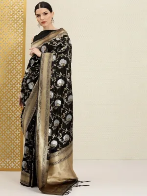 Black Silver and Golden Floral Etnic Motifs Zari Woven Saree