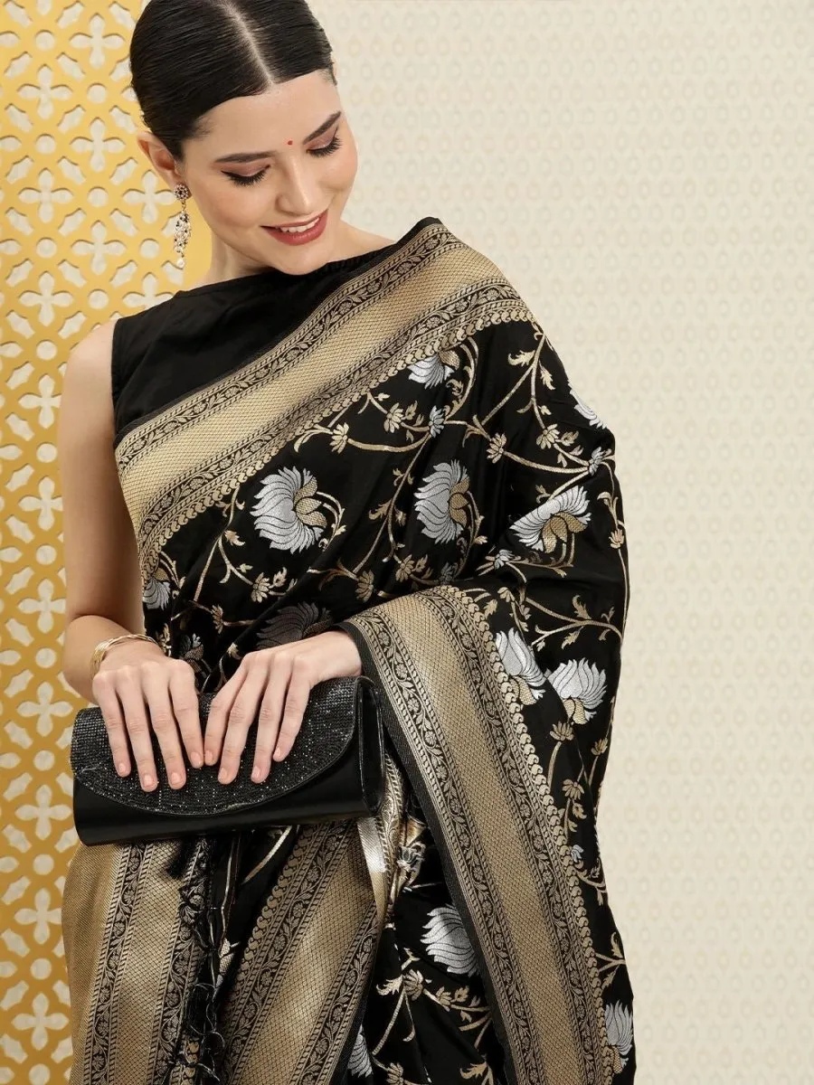 Black Silver and Golden Floral Etnic Motifs Zari Woven Saree