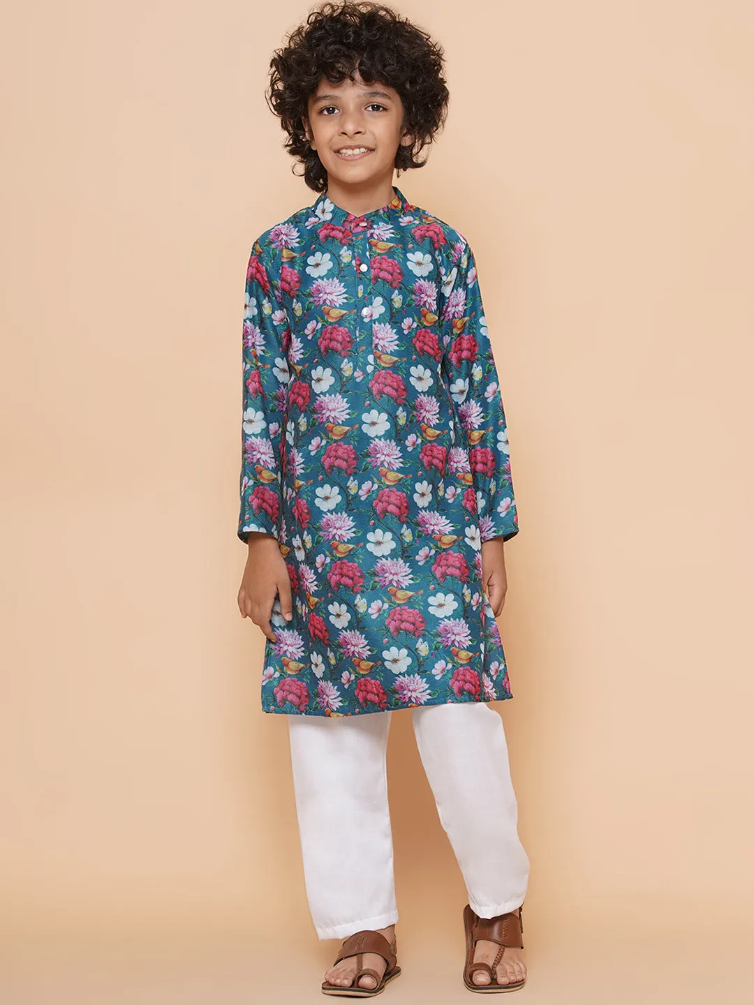 Boys Petrol Blue Printed Kurta with Pyjamas