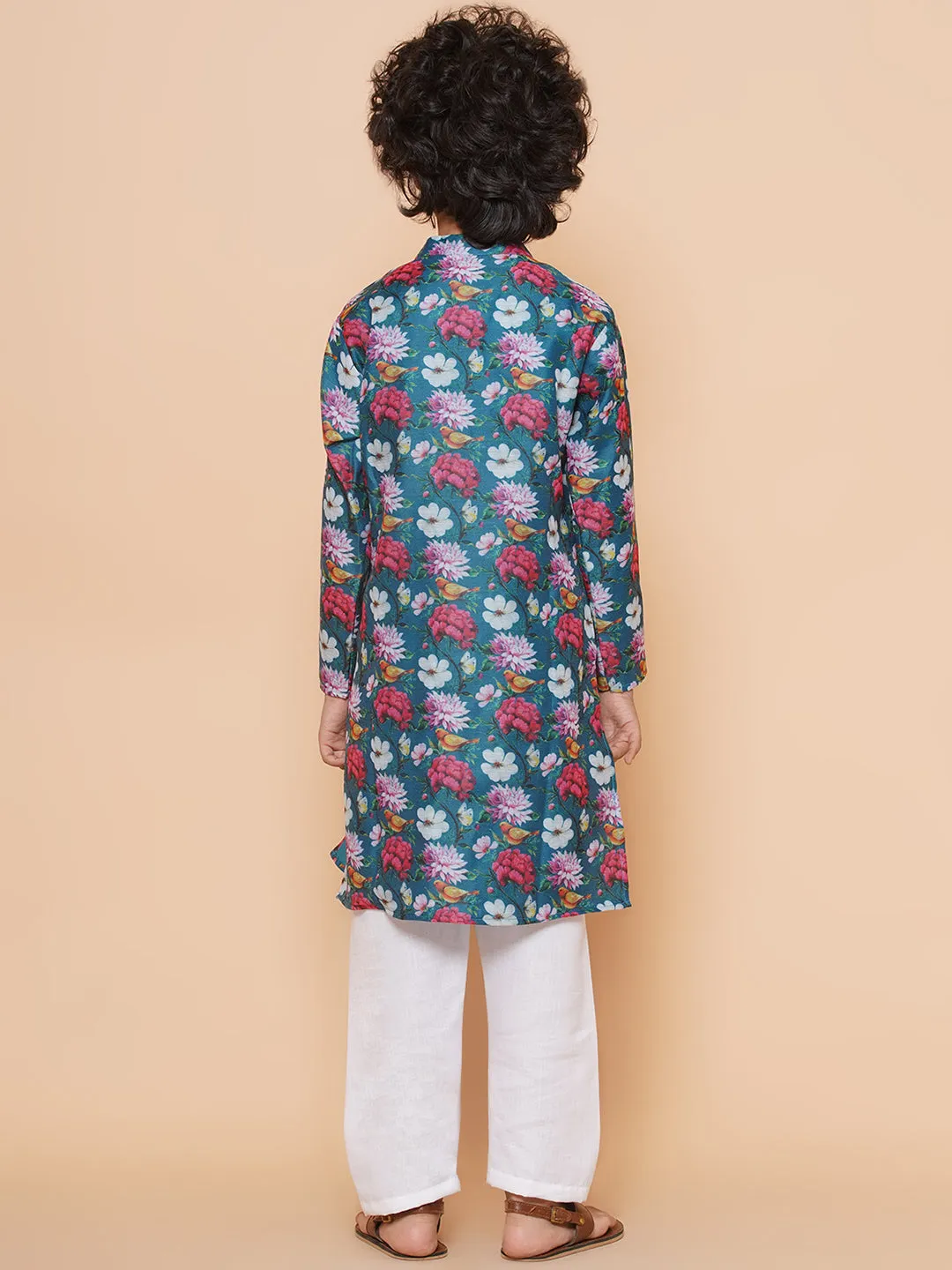 Boys Petrol Blue Printed Kurta with Pyjamas