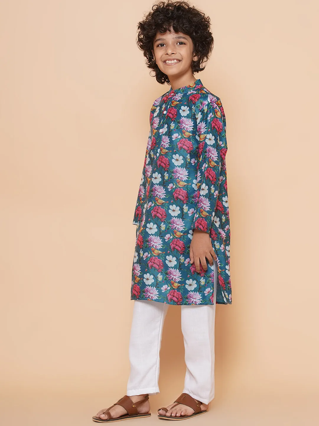 Boys Petrol Blue Printed Kurta with Pyjamas