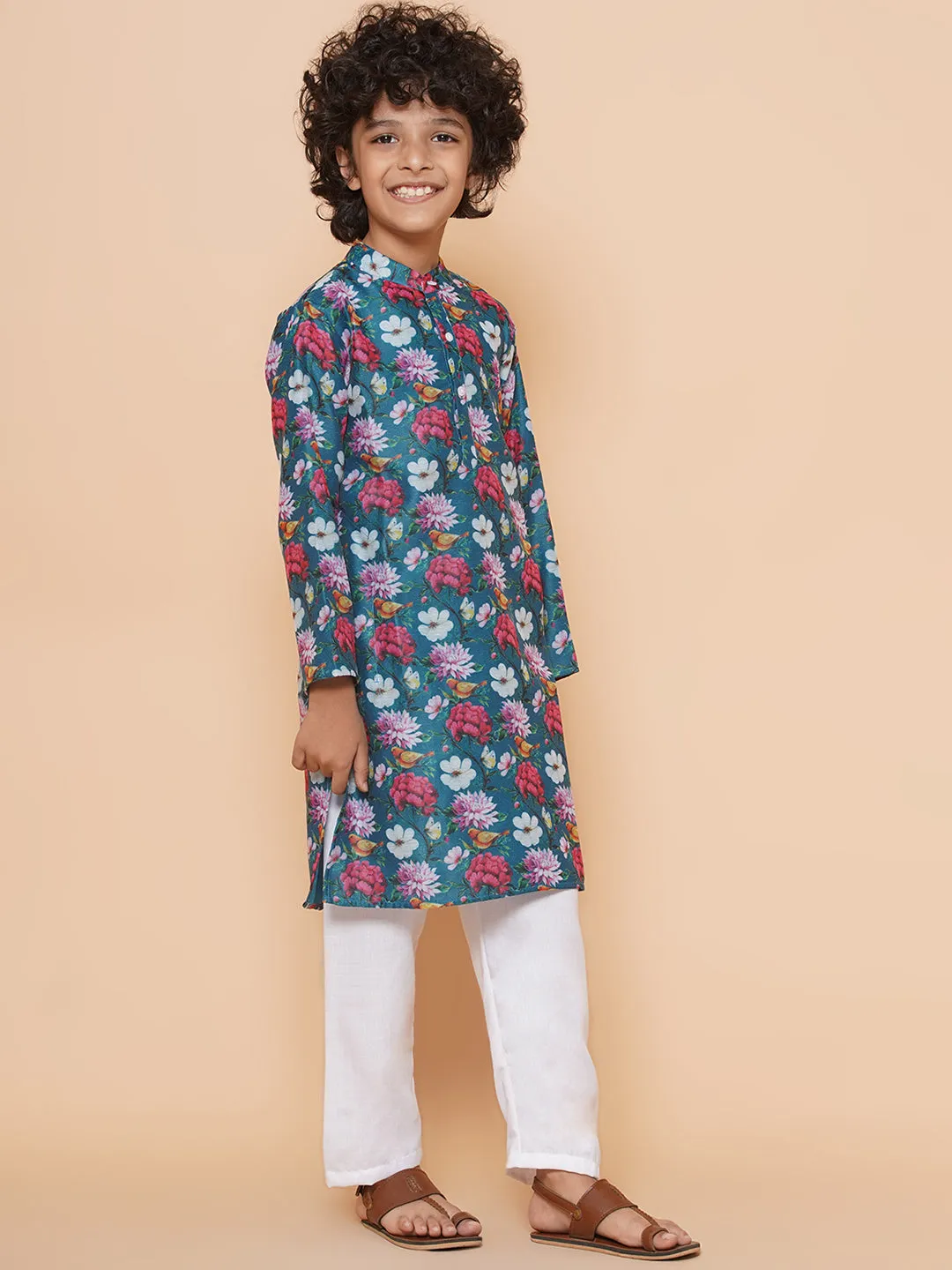 Boys Petrol Blue Printed Kurta with Pyjamas