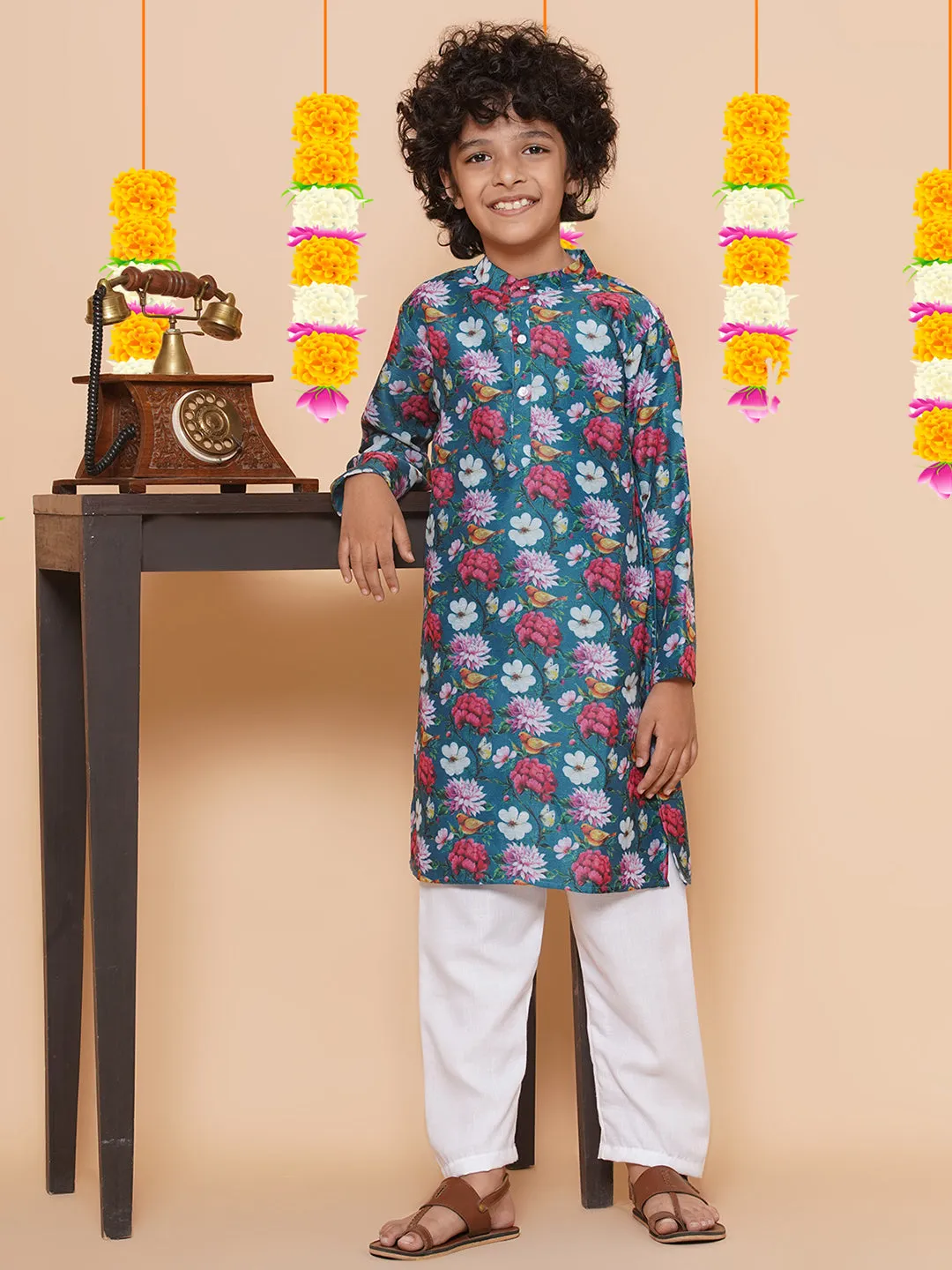 Boys Petrol Blue Printed Kurta with Pyjamas