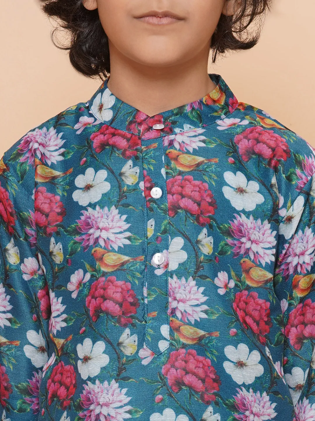 Boys Petrol Blue Printed Kurta with Pyjamas