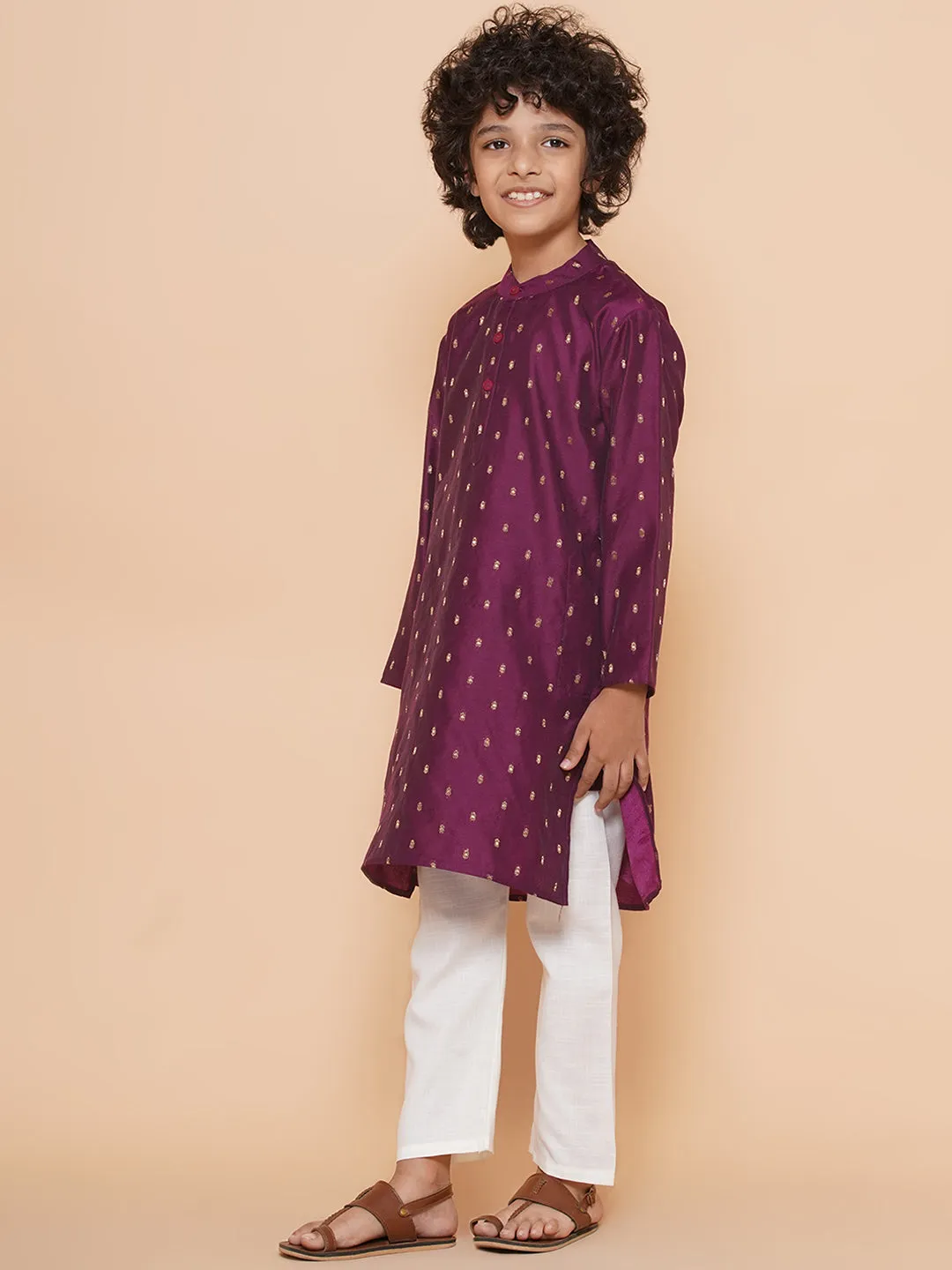 Boys Purple Self Design Booti Kurta with Pyjamas
