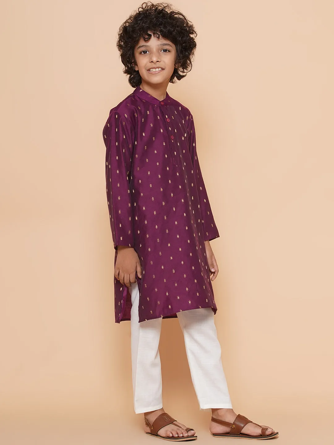 Boys Purple Self Design Booti Kurta with Pyjamas