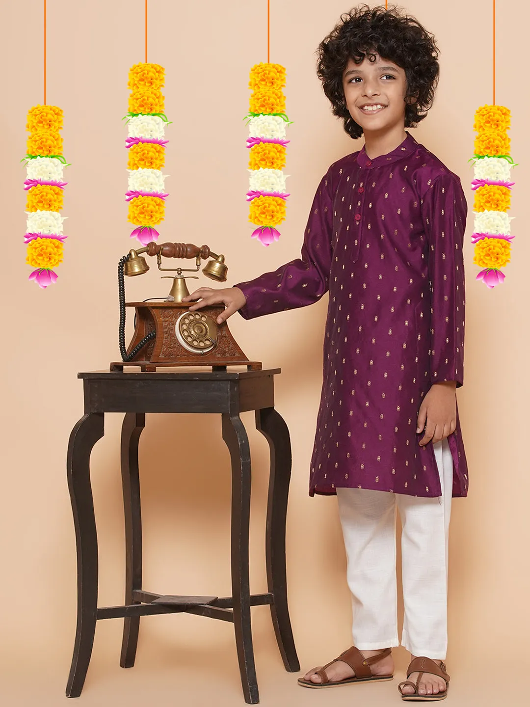Boys Purple Self Design Booti Kurta with Pyjamas