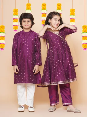 Boys Purple Self Design Booti Kurta with Pyjamas