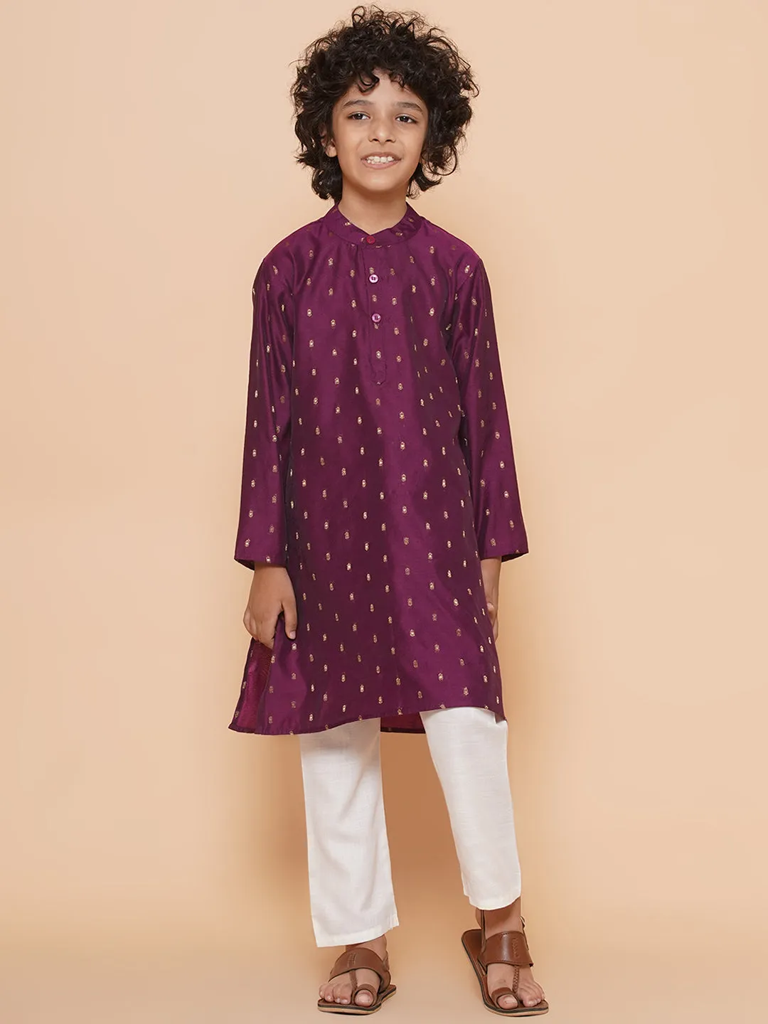 Boys Purple Self Design Booti Kurta with Pyjamas