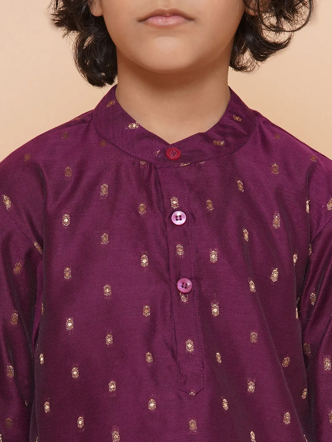 Boys Purple Self Design Booti Kurta with Pyjamas