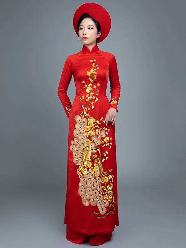 Custom Made Vietnamese Ao Dai Dress In Red With Embroidered Peacock Motif