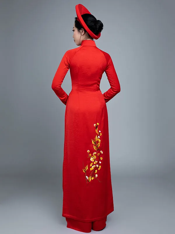 Custom Made Vietnamese Ao Dai Dress In Red With Embroidered Peacock Motif