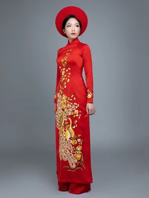 Custom Made Vietnamese Ao Dai Dress In Red With Embroidered Peacock Motif