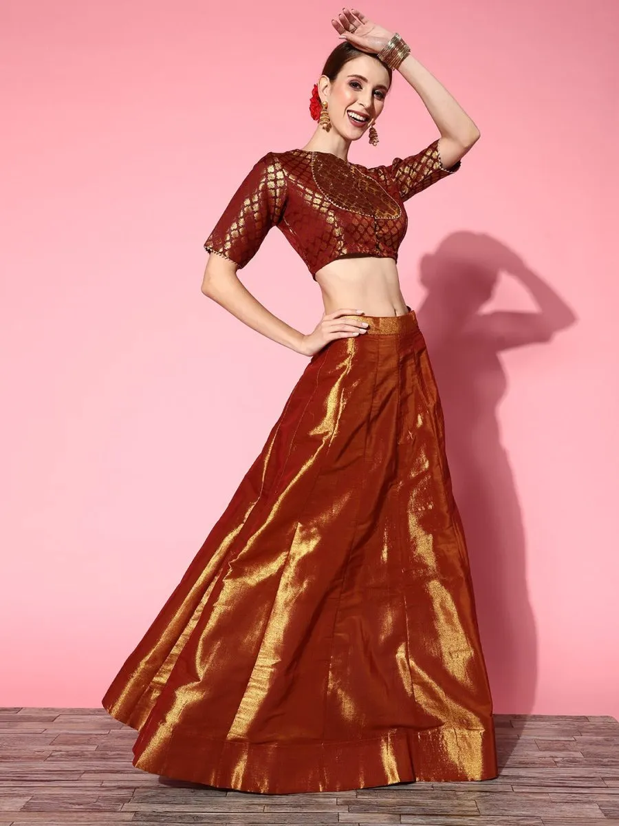 Deep Maroon Woven Design Semi-stitched Lehenga Choli With Dupatta