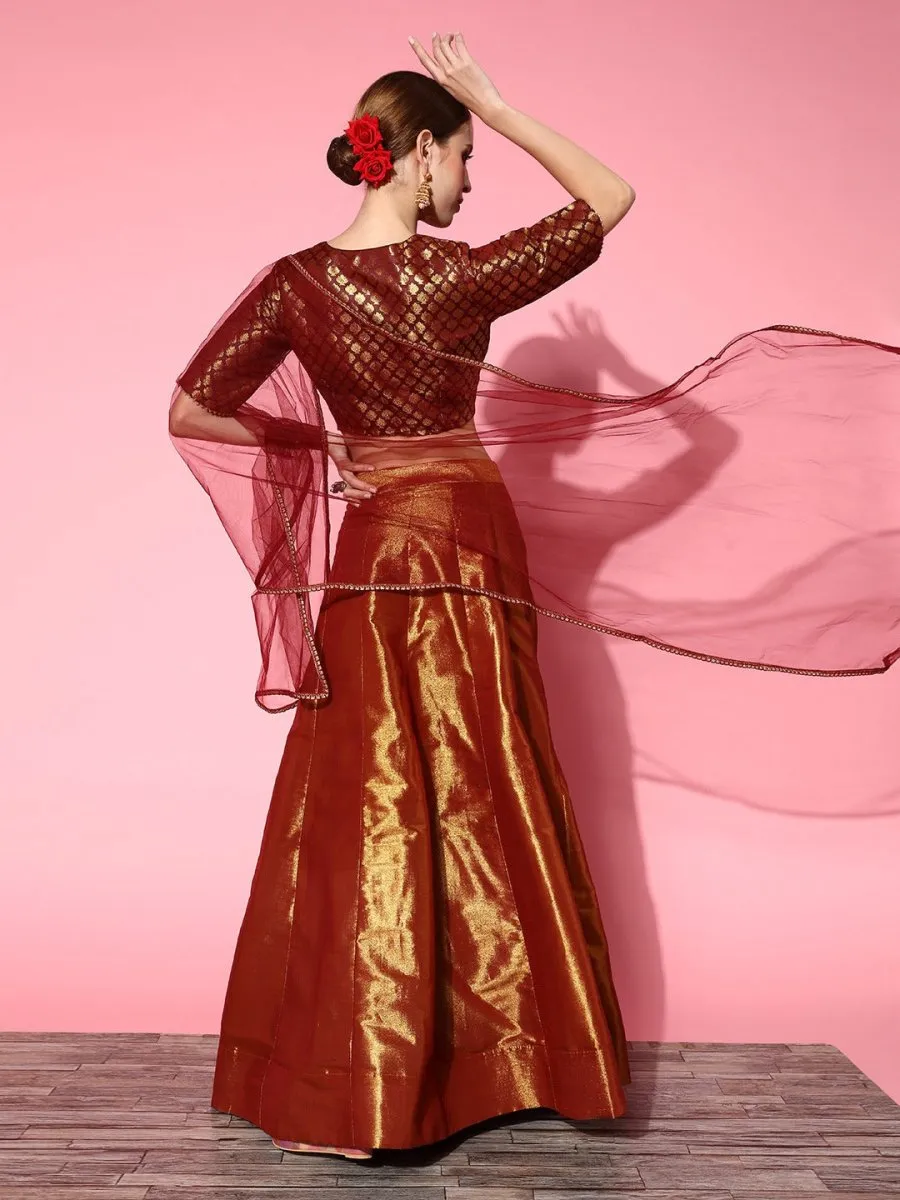 Deep Maroon Woven Design Semi-stitched Lehenga Choli With Dupatta