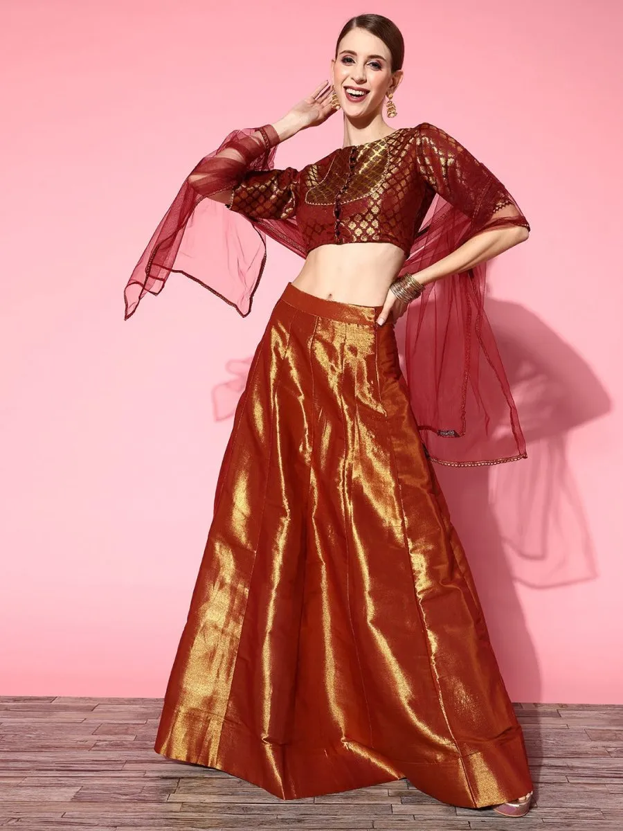 Deep Maroon Woven Design Semi-stitched Lehenga Choli With Dupatta