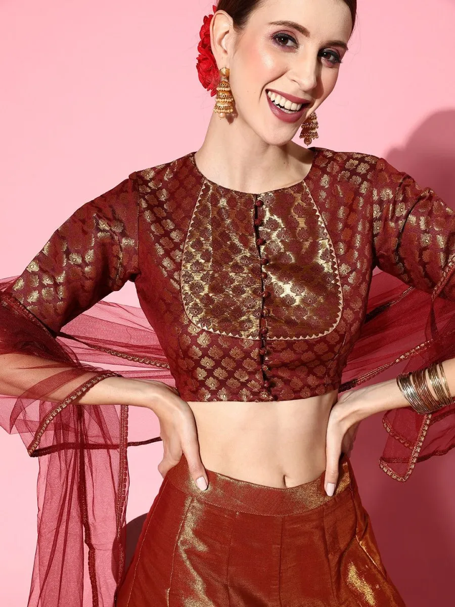 Deep Maroon Woven Design Semi-stitched Lehenga Choli With Dupatta
