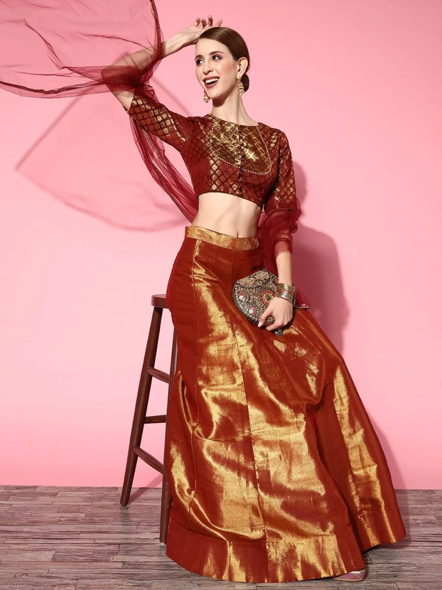 Deep Maroon Woven Design Semi-stitched Lehenga Choli With Dupatta