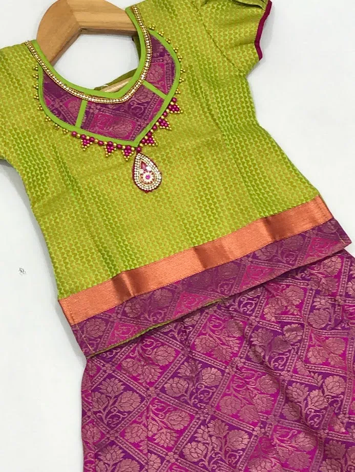 Gorgeous Green Color Silk Langa Set For Girls