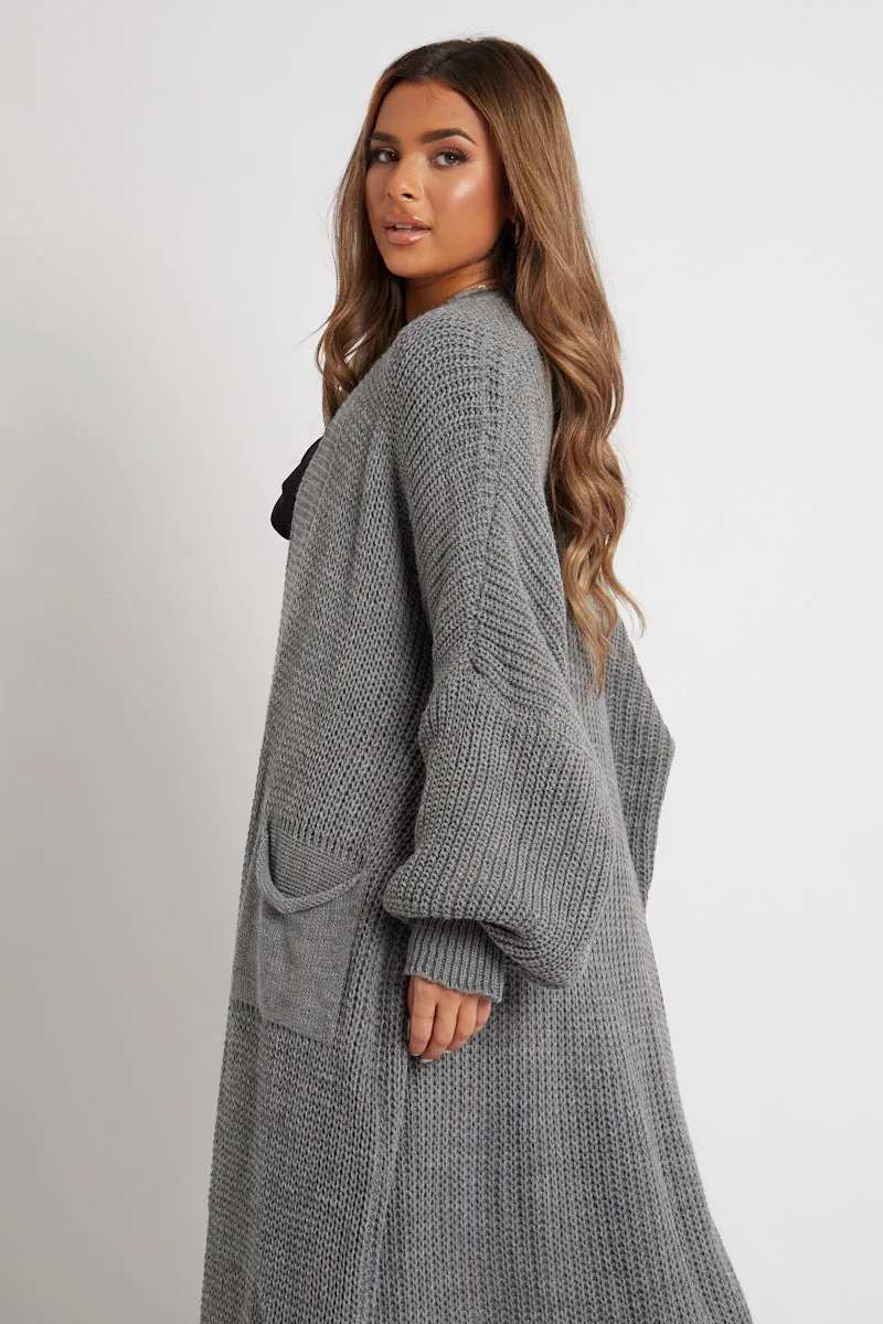 Grey Balloon Sleeve Maxi Knit Cardigan - Imara