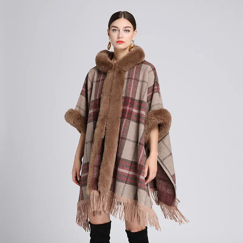 Hooded Plaid Poncho Imitation Rabbit Fur Cardigans Coats