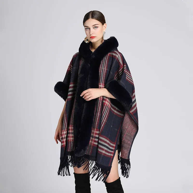 Hooded Plaid Poncho Imitation Rabbit Fur Cardigans Coats
