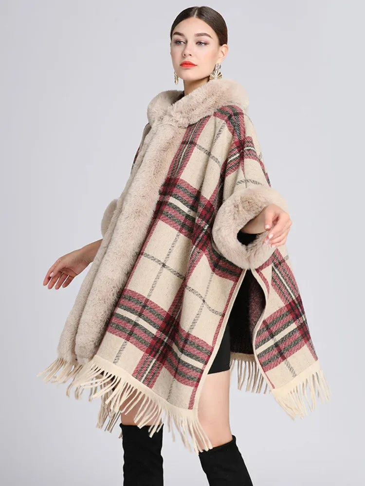 Hooded Plaid Poncho Imitation Rabbit Fur Cardigans Coats