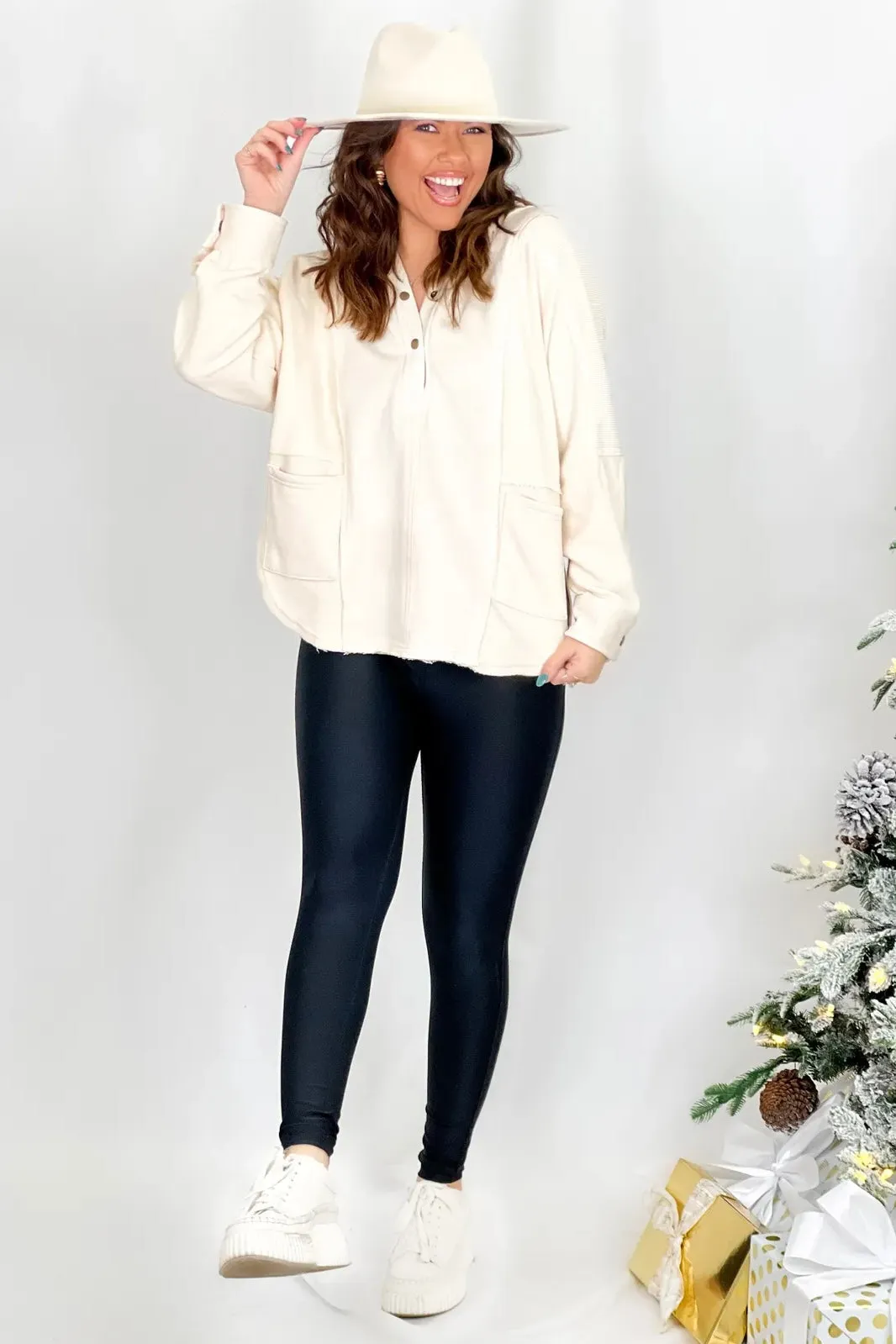 Ivory Half Button Hooded Knit Top