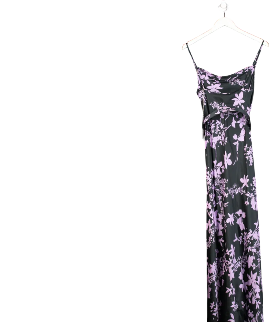 Nicholas Simone Belted Floral-Print Silk-Satin Maxi Dress In Midnight Blue/ Lilac UK 6