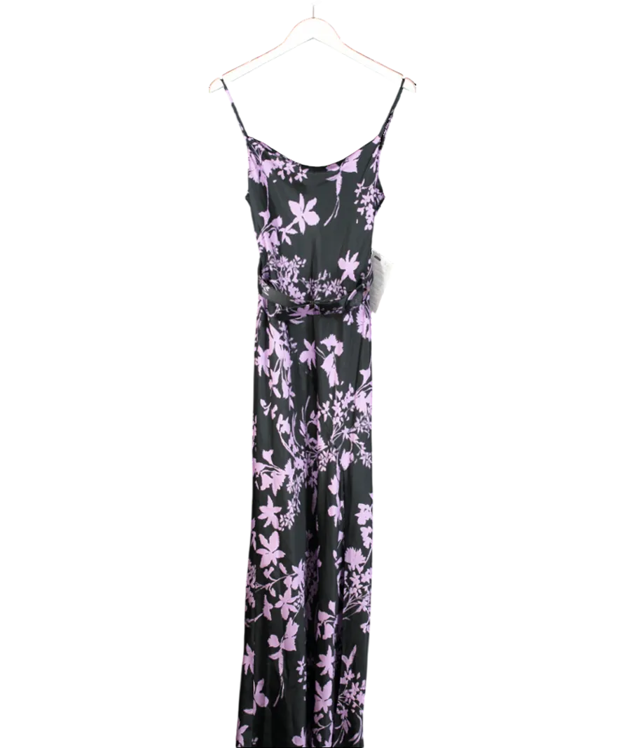 Nicholas Simone Belted Floral-Print Silk-Satin Maxi Dress In Midnight Blue/ Lilac UK 6