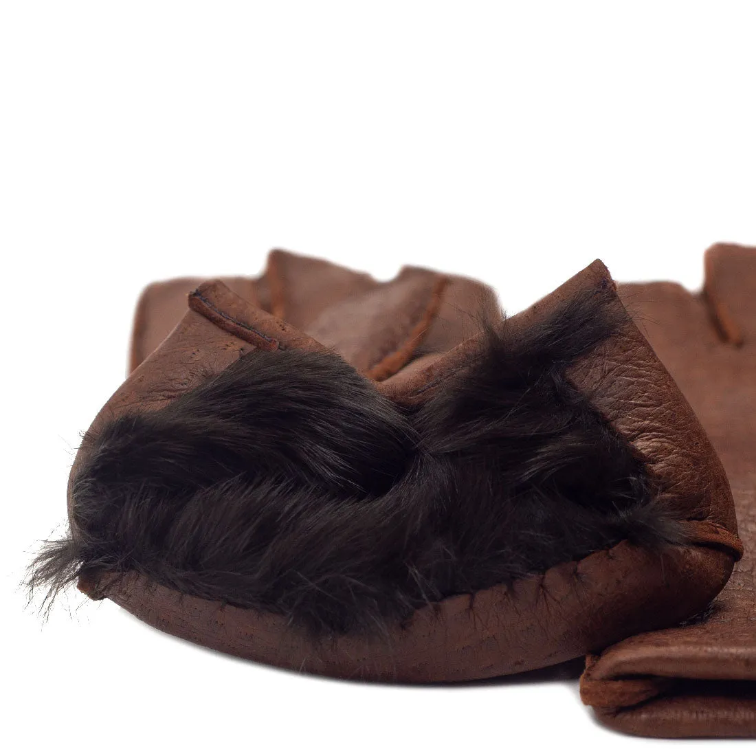 Peccary gloves in exclusive cognac brown color, rabbit fur lining