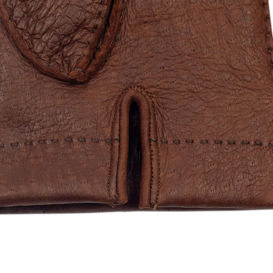 Peccary gloves in exclusive cognac brown color, rabbit fur lining