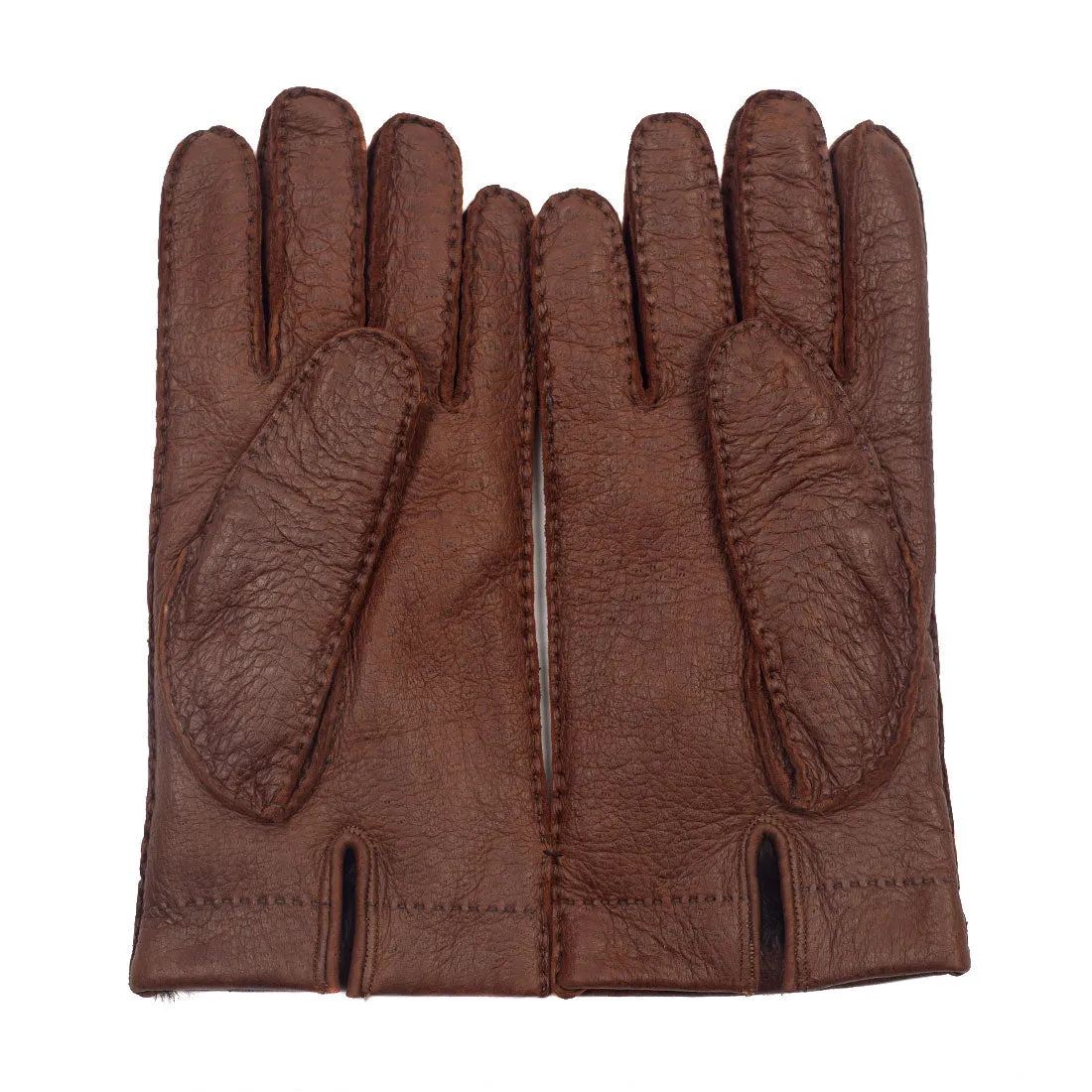 Peccary gloves in exclusive cognac brown color, rabbit fur lining