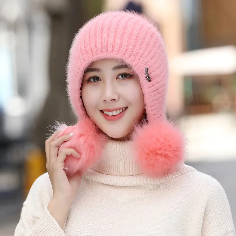Warm Hat Women Rabbit Fur Lined Pompoms Outdoor Knitted Woolen Warm Winter Cap