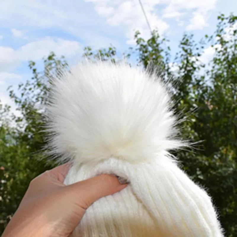 Warm Hat Women Rabbit Fur Lined Pompoms Outdoor Knitted Woolen Warm Winter Cap