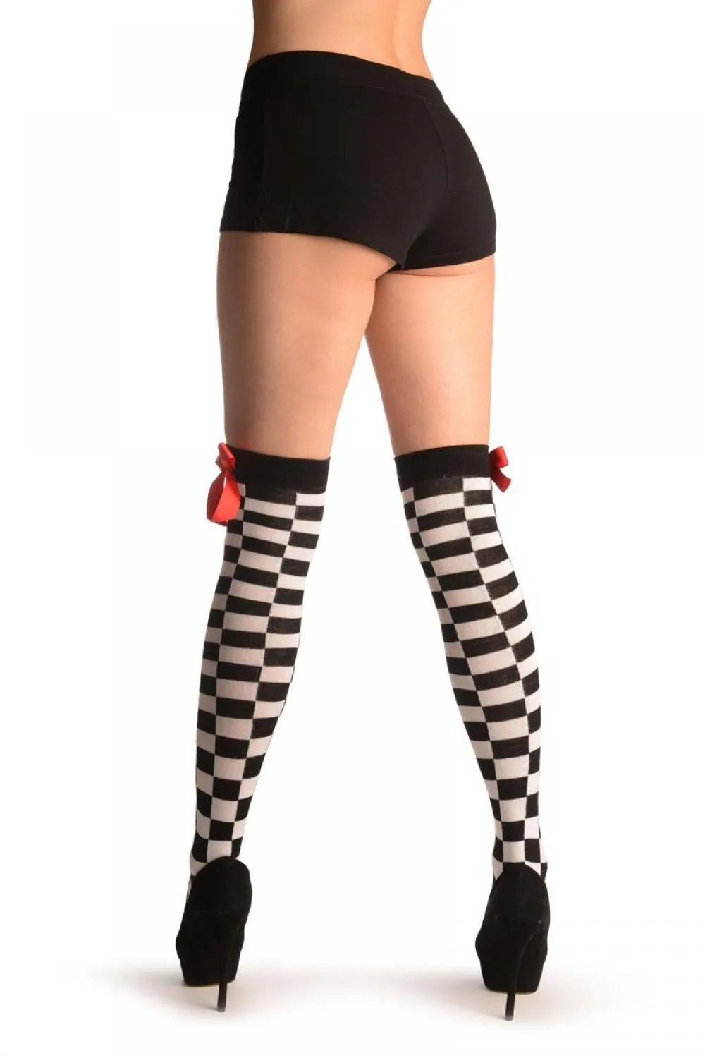 White & Black Checkered With Red Satin Bow