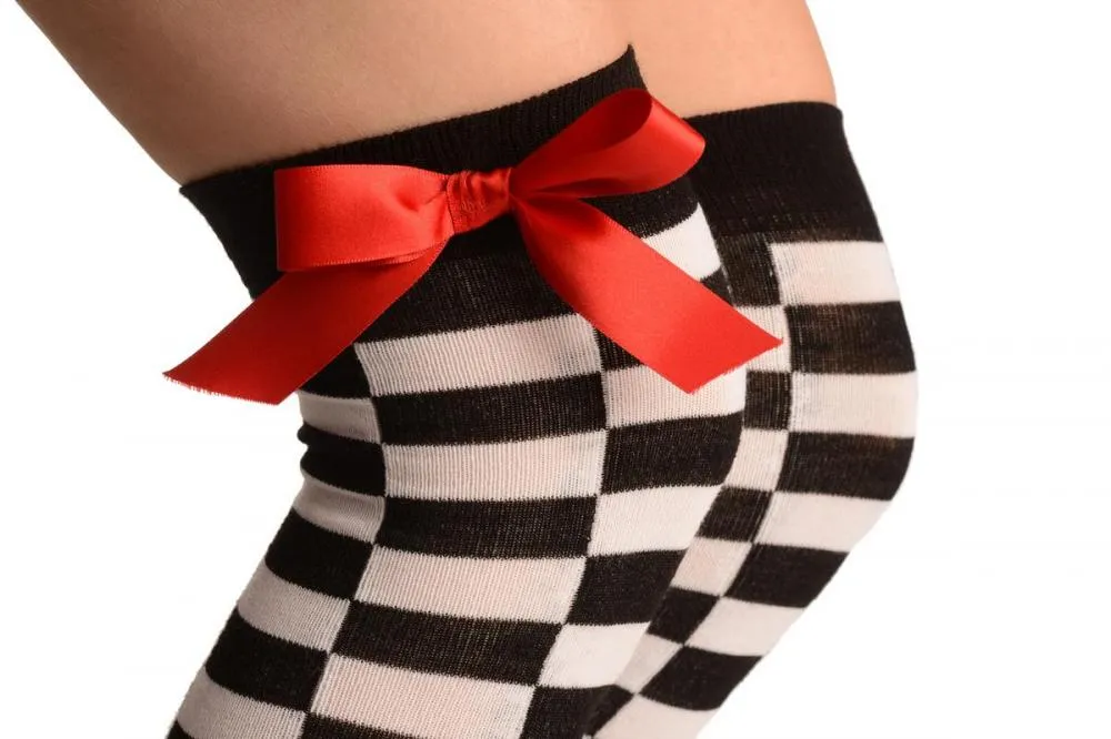 White & Black Checkered With Red Satin Bow