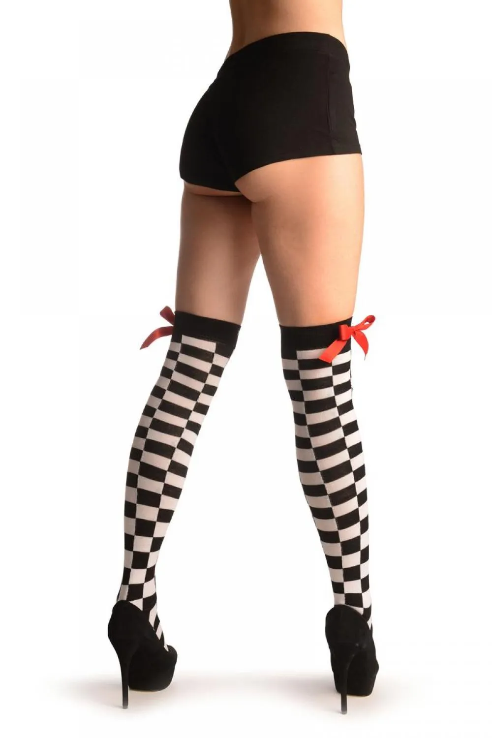 White & Black Checkered With Red Satin Bow